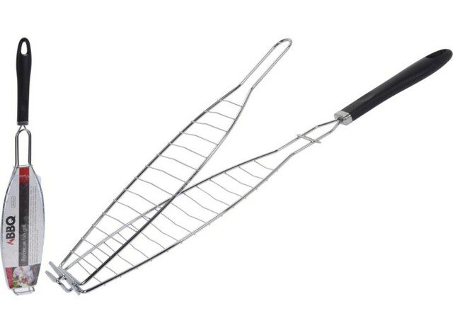 شواية سمك للشواء مطلية بالكروم بمقبض بلاستيكي أسود، الطول 58 سم، مساحة الطهي 29x10 سم