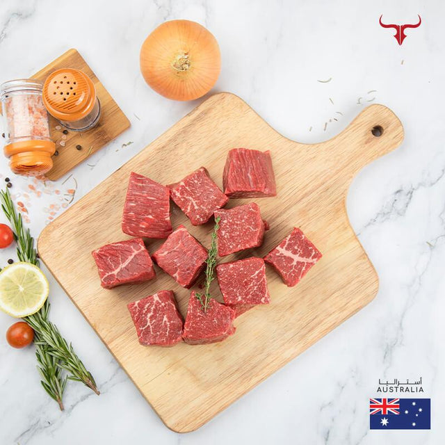 Muscat Livestock Australian Wagyu Beef 500GM AUS 350 Days Grain-Fed Wagyu Beef Boneless Cubes MB 4/5 - 500 gm