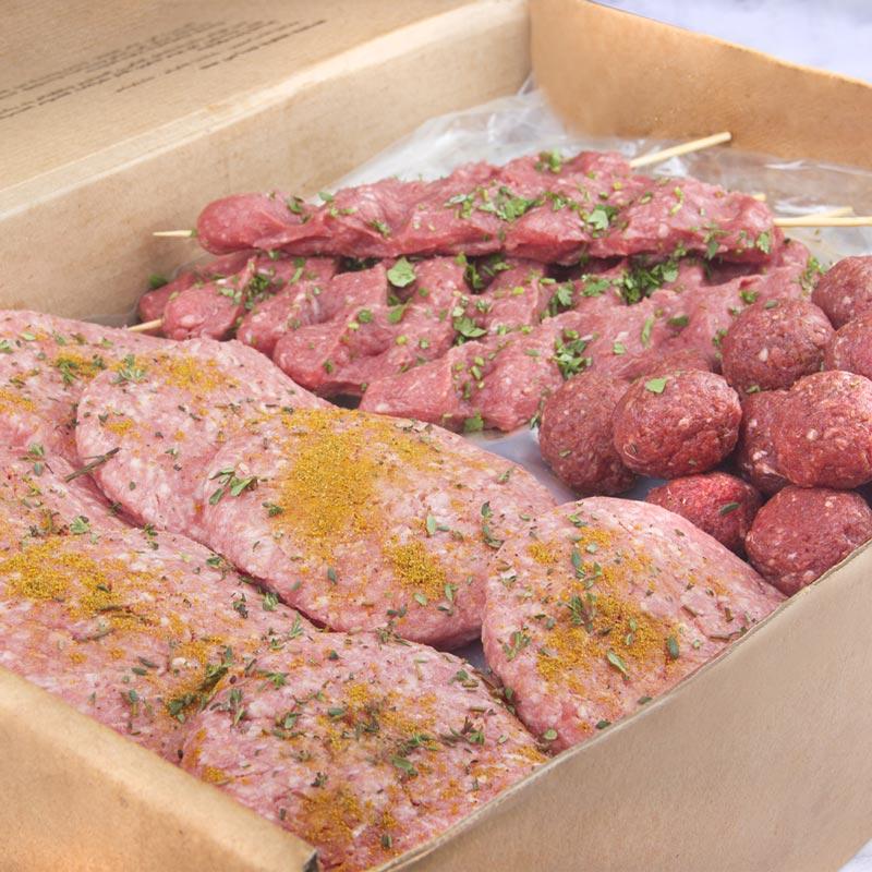 Muscat Livestock MLS BOX Seasoned Beef Kebabs, meat balls and burger Box
